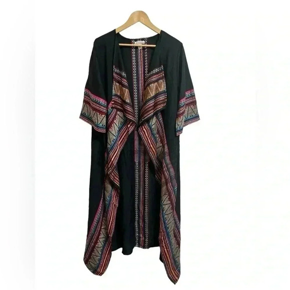 World Market Bohemian Embroidered Long Open Front Kimono Duster Aztec One Size - Picture 2 of 10